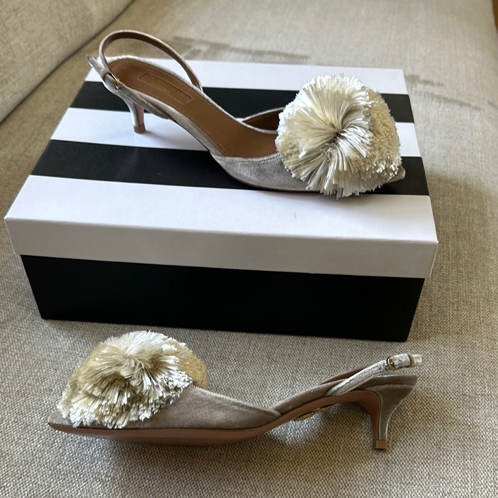 Elegant Beige Slingback Heels with Pom Pom